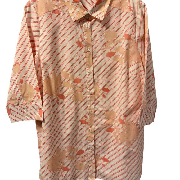Roamans Sz 14W Button-Down Shirt 3/4 Sleeve Floral/Stripe Pattern Peach & White - Picture 6 of 12